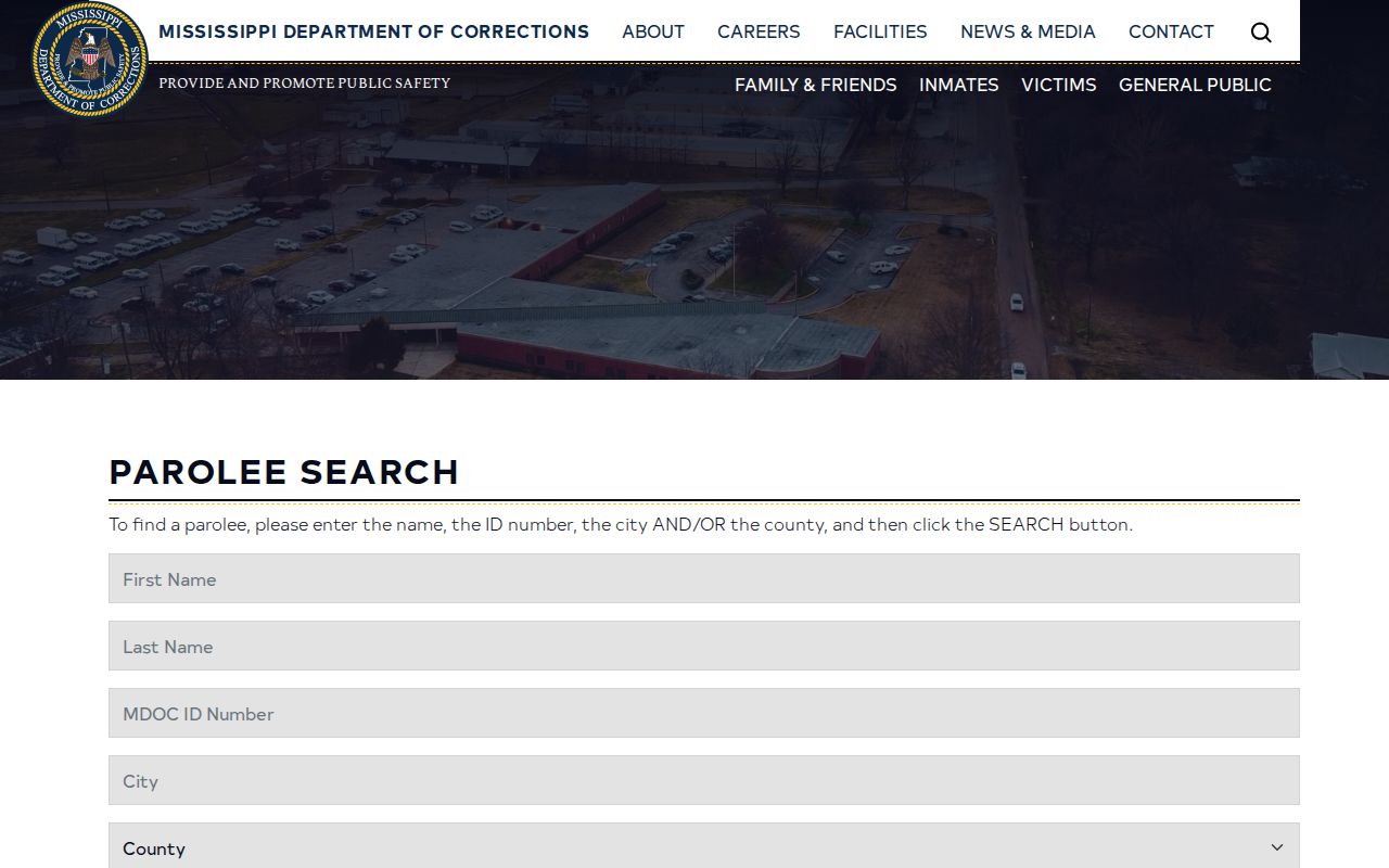 Quitman County probation and parole search fields on the MDOC form